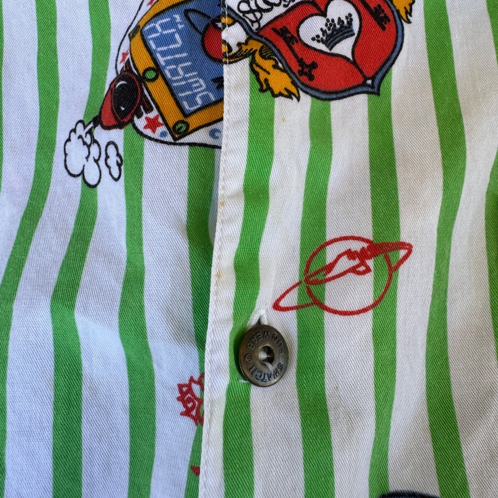 VTG! Swatch Green Striped Button Down Long Sleeve Shirt Big 2XL Quirky Logo - Picture 12 of 16